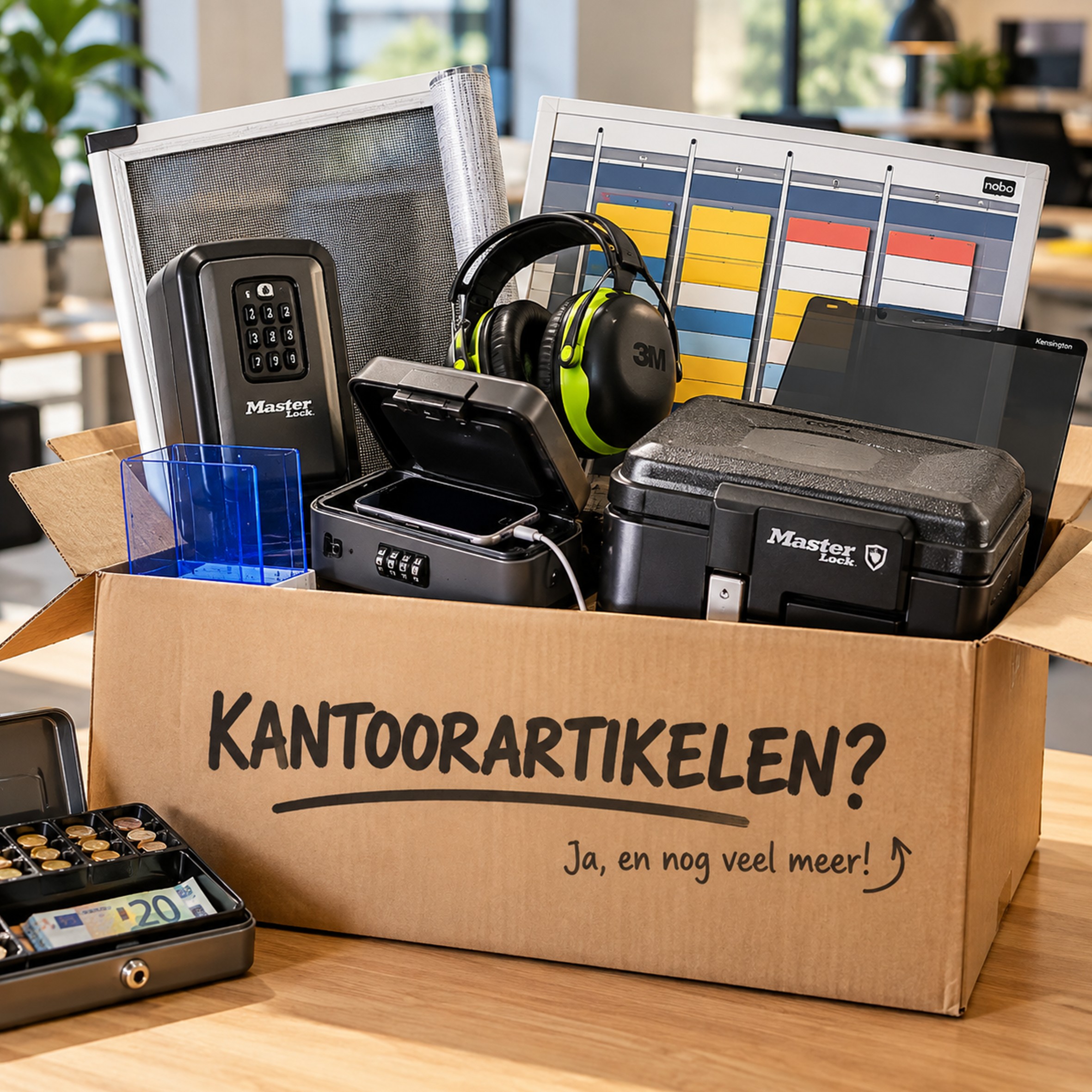 kantoorartikelen, box, accessoires, opslag, doosinhoud