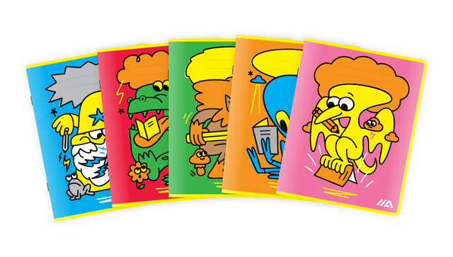 kaartenset, kleurige kaarten, stripverhaal kaarten, illustratie, personages
