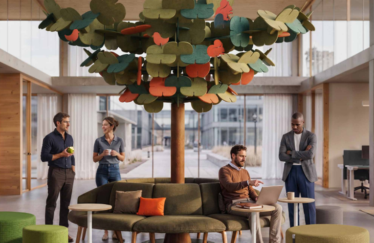 Vrijstaande BLOOM.TREE als akoestisch herkenningspunt en ontmoetingsplek in een open ontvangstruimte.