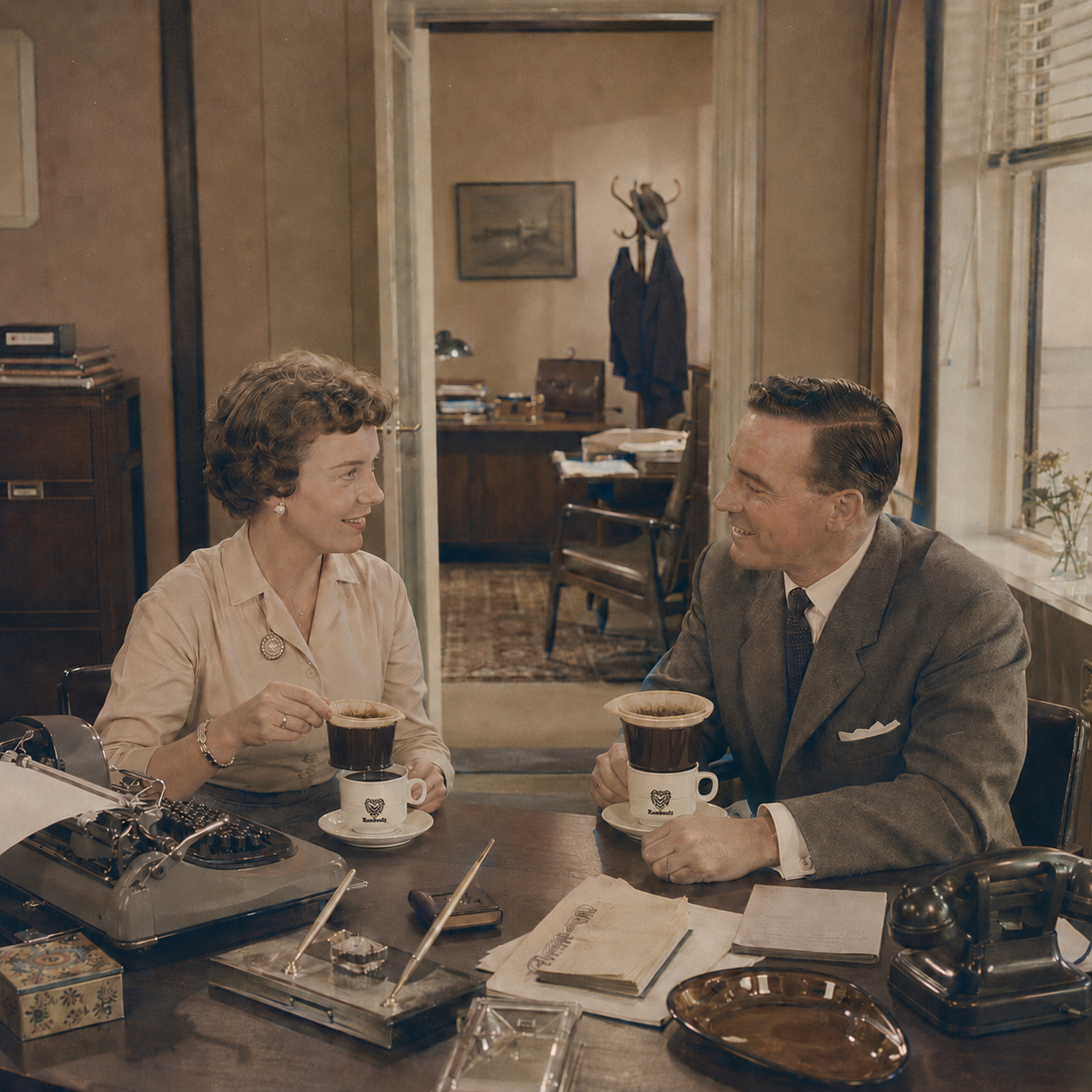 koffie`, koffiekopje, man, vrouw, kantoor, typewriter