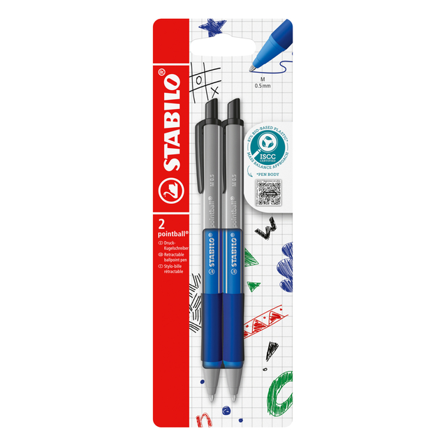 Balpen STABILO pointball colorful medium blauw blister à 2 stuks
