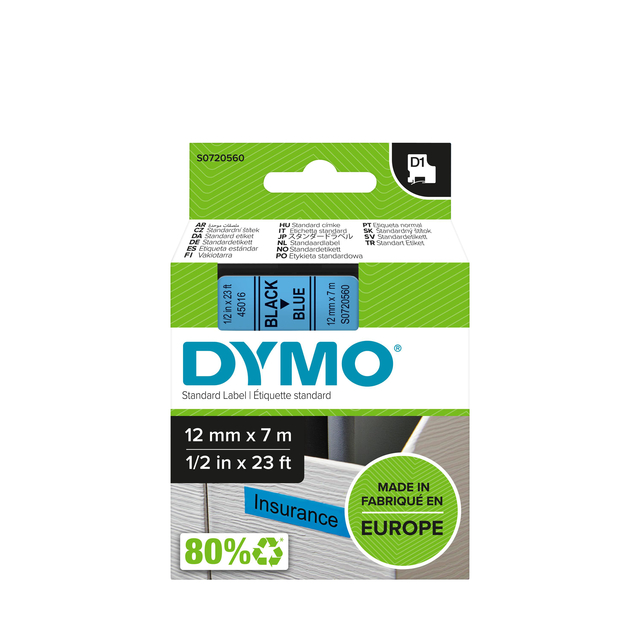 Labeltape Dymo LabelManager D1 polyester 12mm zwart op blauw