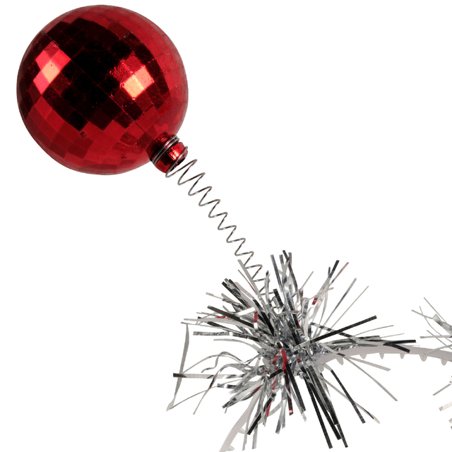 kerstboomtopper, rode discobal, spiraalveer, zilverkleurige slierten