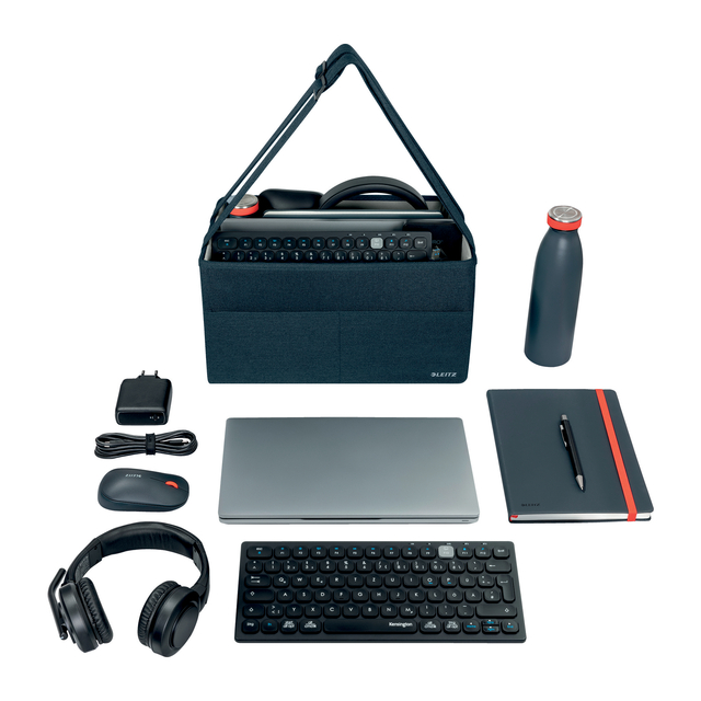 portable workstation, typing keyboard, laptop, headphones, water bottle