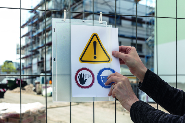 veiligheidsbord, waarschuwing, paneel, hand, constructieplaats
