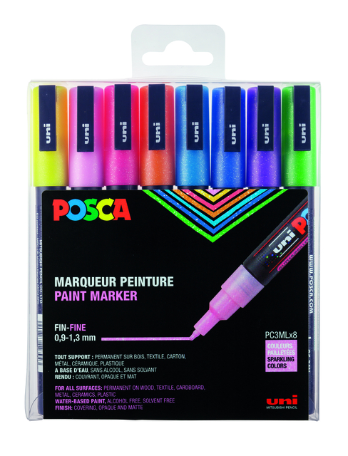 Paintmarker Uni POSCA PC3M fijn glitter pastel assorti set a 8 stuks
