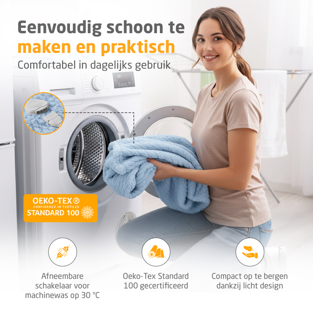elektrische deken, lichtblauw, pluizig, afneembare schakelaar, machinewasbaar