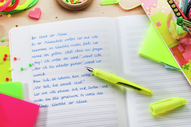 notebook, open notebook, yellow highlighter, pen, colored stationery