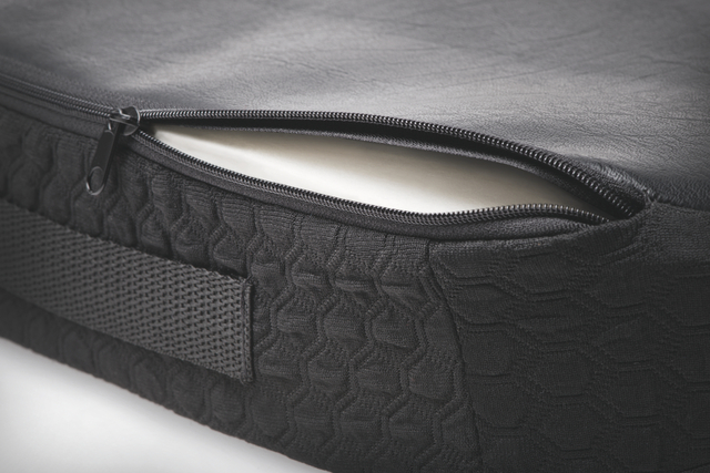rugged, zipper, padded pocket, hexagonal pattern, black fabric