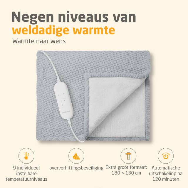 elektrische warmtedeken, grijs, quiltpatroon, negen warmtestanden, automatische uitschakeling