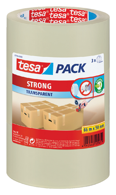 Verpakkingstape tesapack® Strong 50mmx66m PP transparant 3 rollen