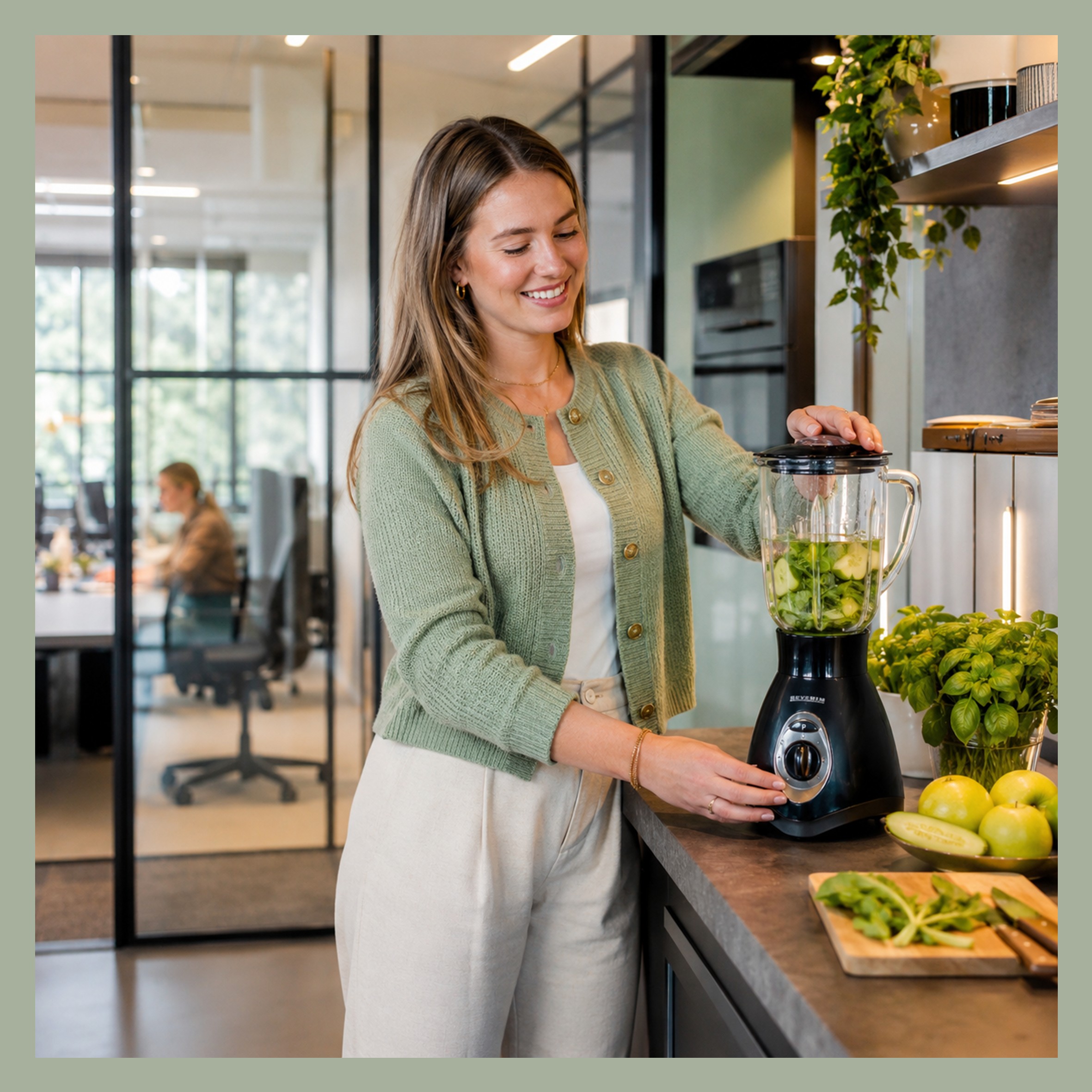 blender, zachte groene cardigan, kantooromgeving, koken, fruit en groenten