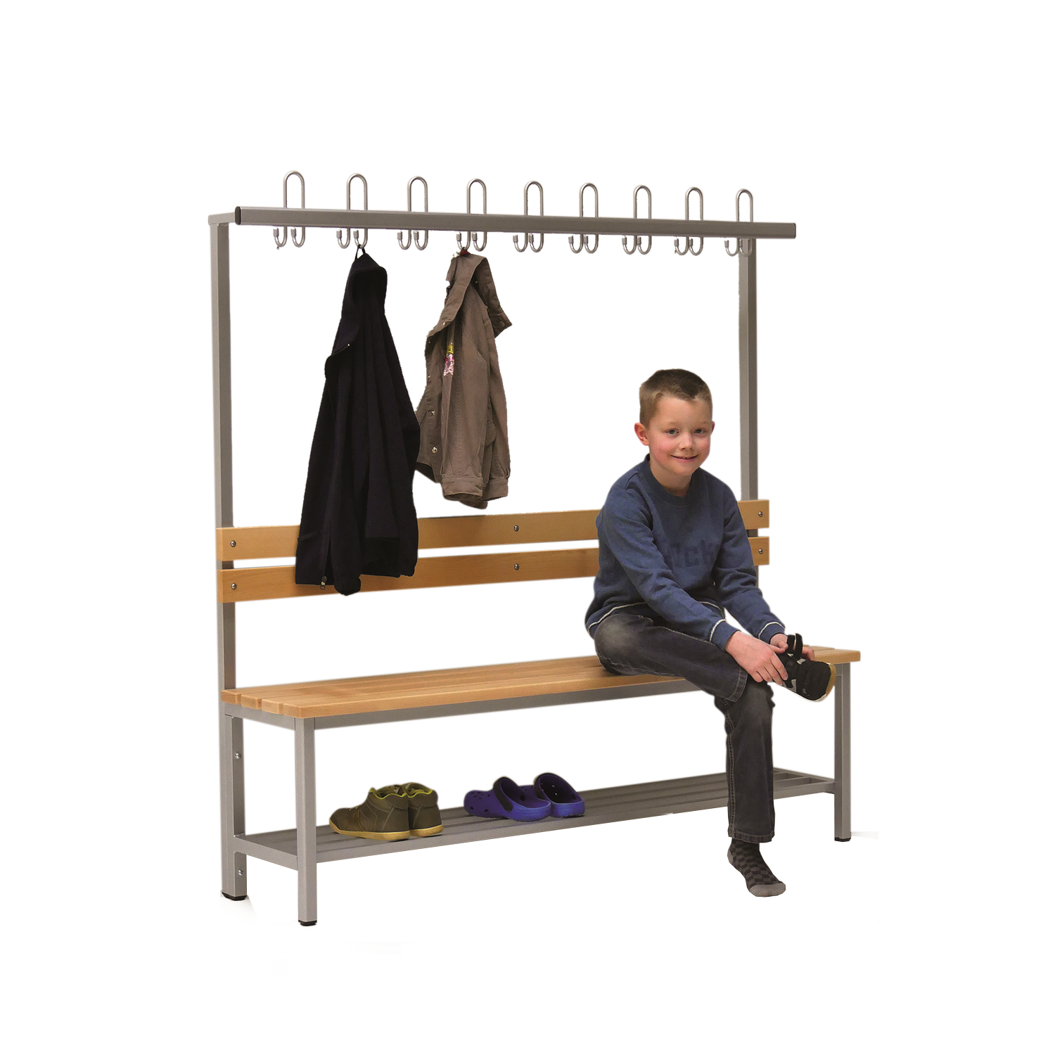 Kleedkamerbank met massief houten stoelrails en haakrail aan één zijde