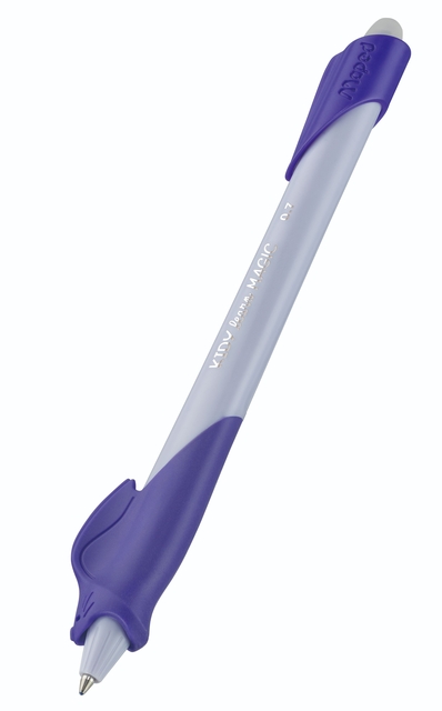 rollerball pen, purple pen, blue-gray body, ballpoint, retractable