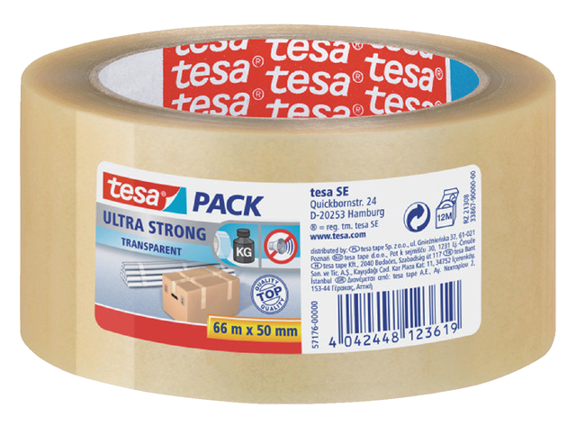Verpakkingstape Tesa 50mmx66m transparant ultra sterk PVC