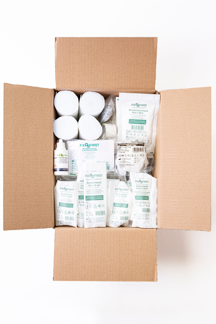 medical supplies, IV bags, sterile packets, box contents, medical kit