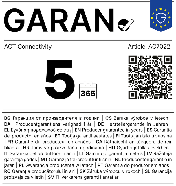 garanty, certificate, 5 years, 365 days, Act Connectivity