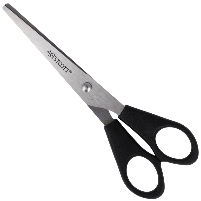 schaar, kantenknip, katoen?, metalen blad, zwarte handvat