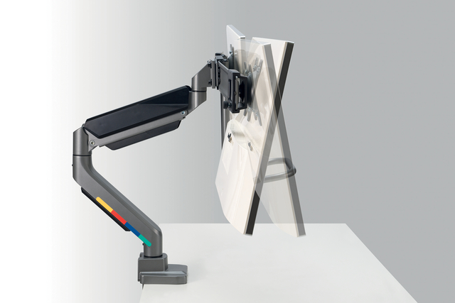 monitorarm, verstelbare arm, bureauklem, metaal, grijs