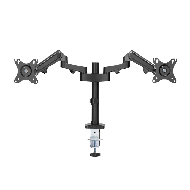 dual-monitor arm, monitor mount, articulating arm, gas spring, center pole clamp