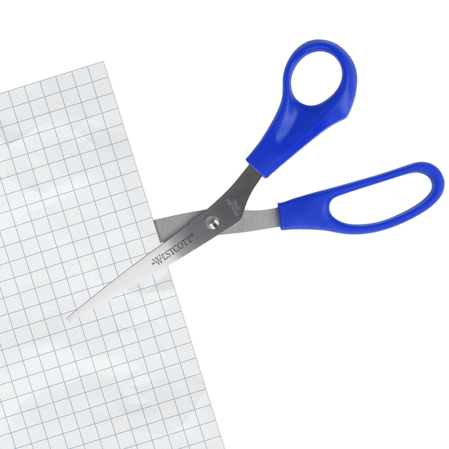 schaar, papieren achtergrond, kantenschaar, blauwe handvatten, melden