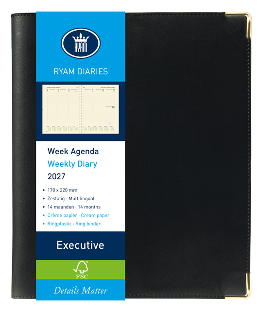 lederagenda, weekschema, creme papier, ringbinder, Executive