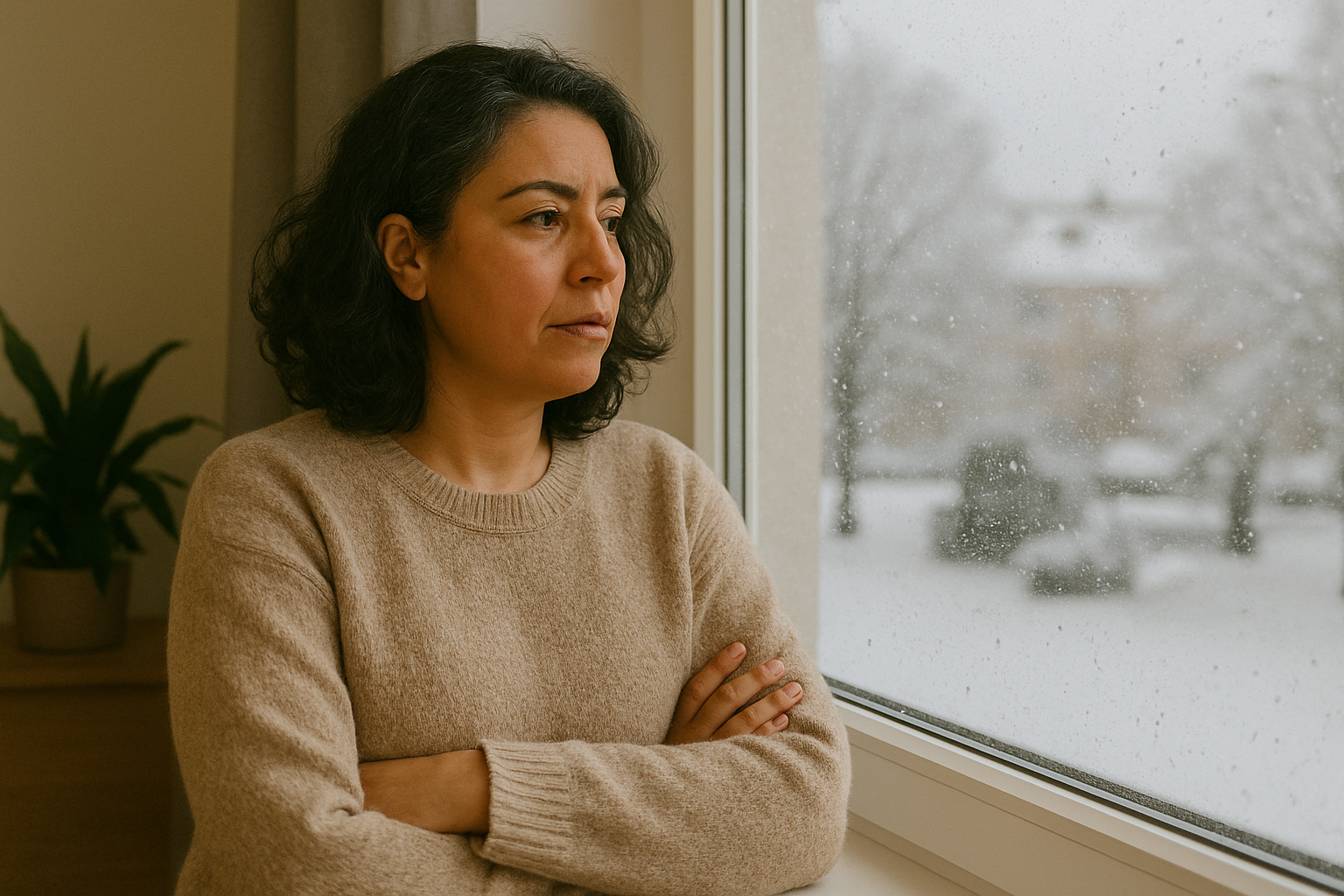 vrouw wil thuis werken omdat het sneeuwt