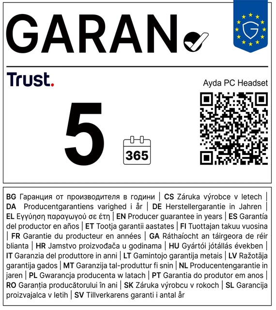 5 jaar garantie, producentengarantie, Ayda PC-headset, QR-code