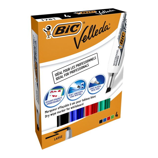 Viltstift Bic Velleda 1781 whiteboard schuin large assorti 4 stuks