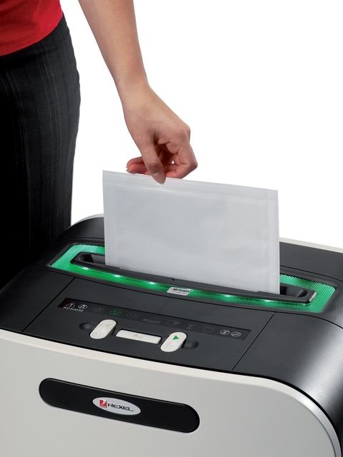 papiervernietiger, documentversnipperaar, zilverzwart, papierinvoer, bedieningspaneel