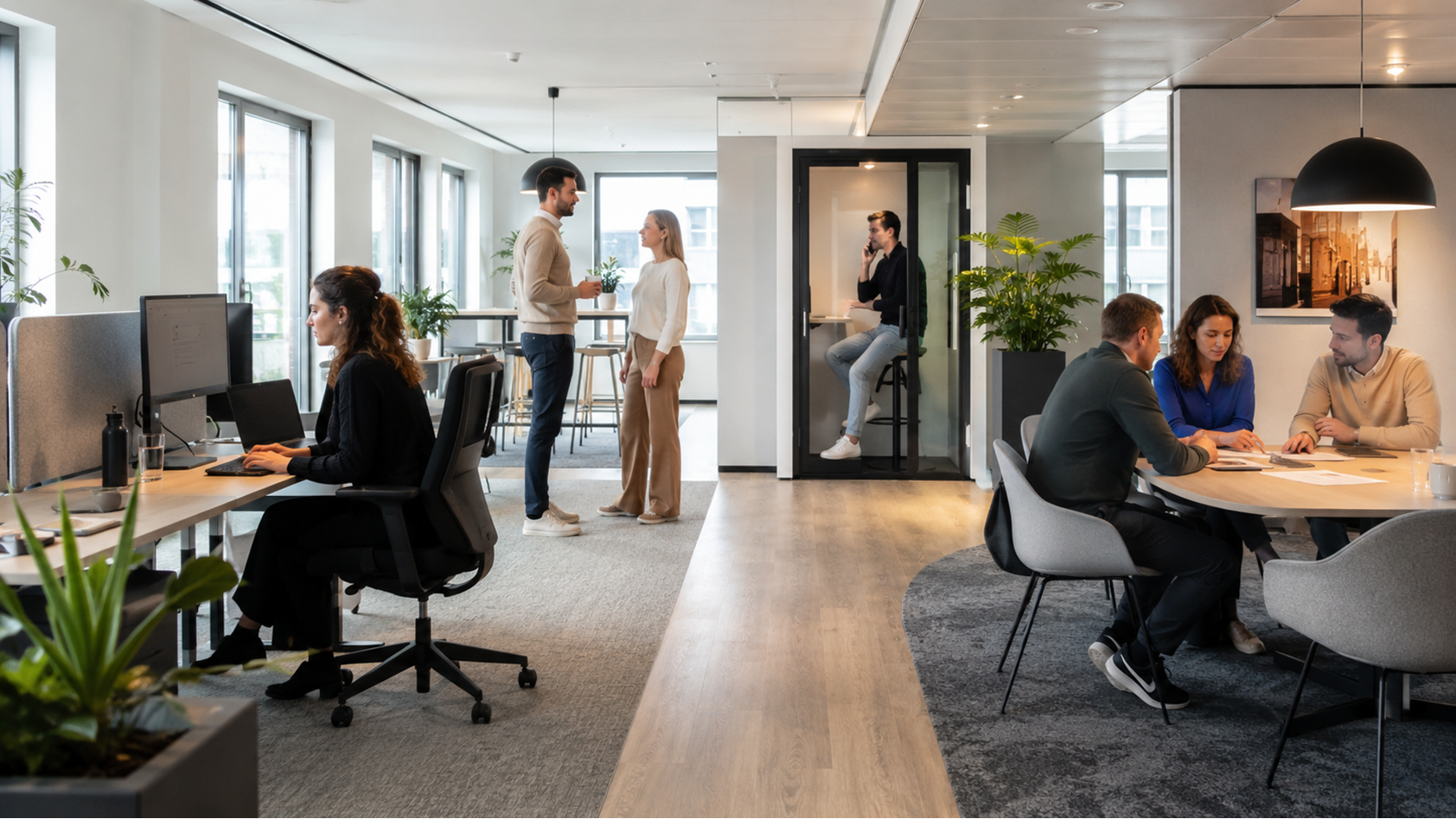 Kantoor met verschillende werkzones voor concentratie, overleg en hybride werken.