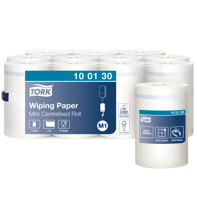 Poetspapier Tork Wiping mini rol M1 1 laags centerfeed wit 100130