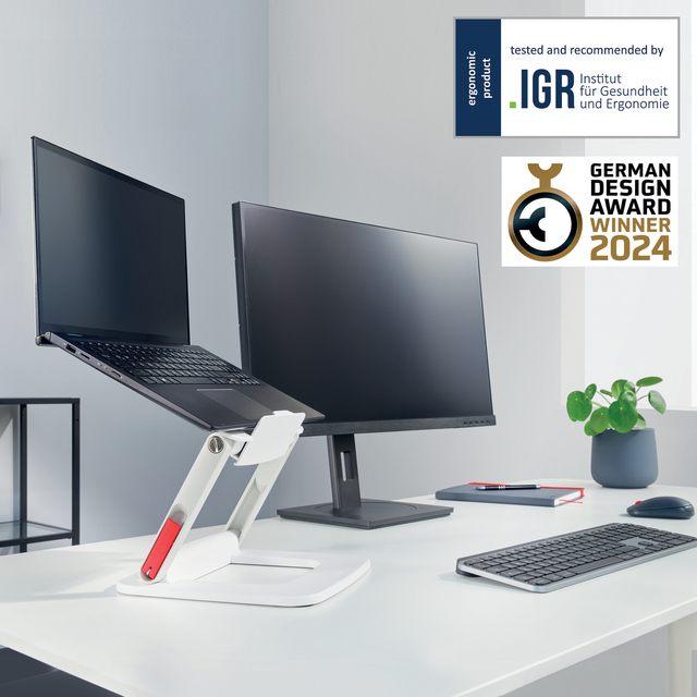 ergo desk setup, ergonomic stand, dual monitor, laptop on stand, desktop keyboard