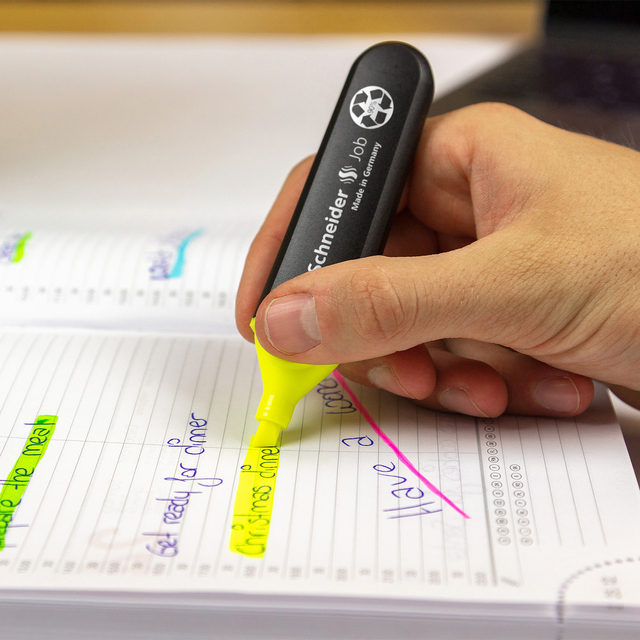 highlighter, neon yellow, marker, pad, notebook