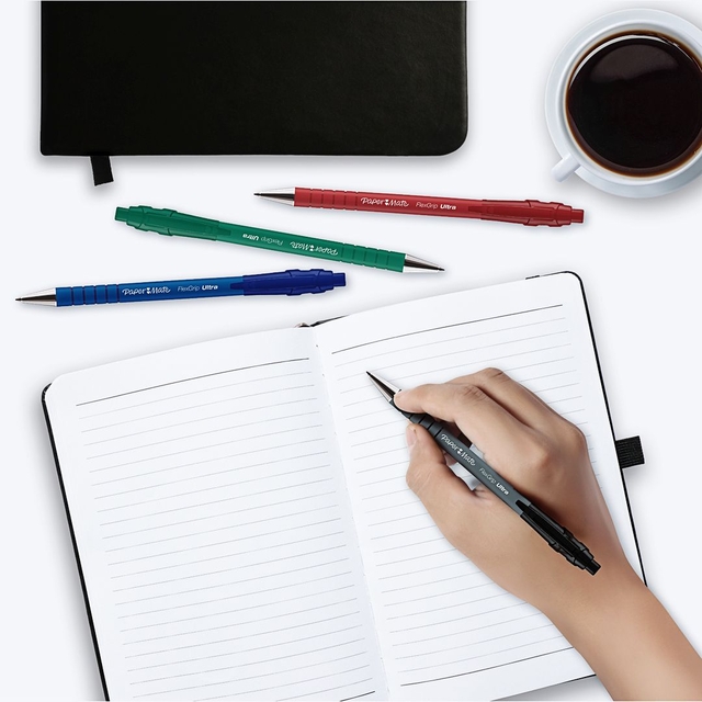 notebook, open notebook, ballpoint pen, multi-colored pens, coffee cup