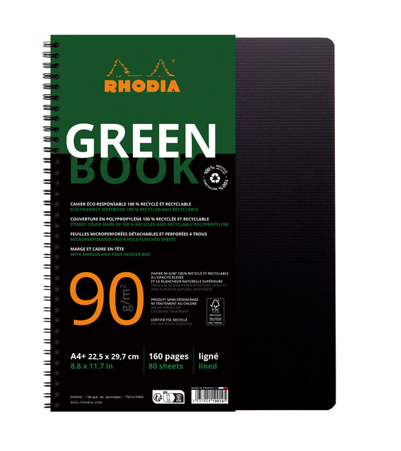 Notitieboek Rhodia Greenbook A4+ lijn 4-gaats 180 pagina's 90gr zwart