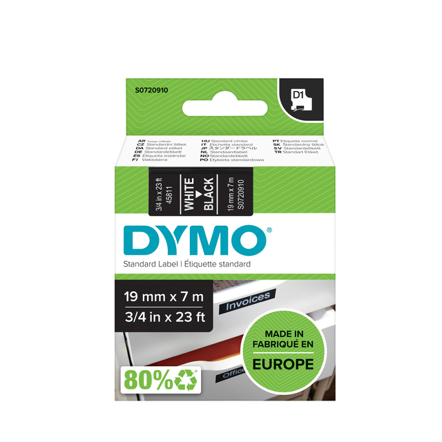 Labeltape Dymo LabelManager D1 polyester 19mm wit op zwart