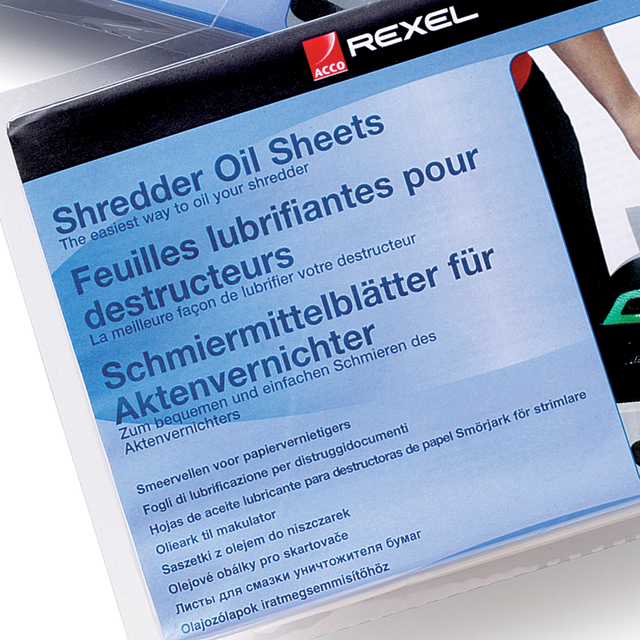 shredderolievellen, papiervernietiger, smeermiddel, blauwe verpakking, Rexel