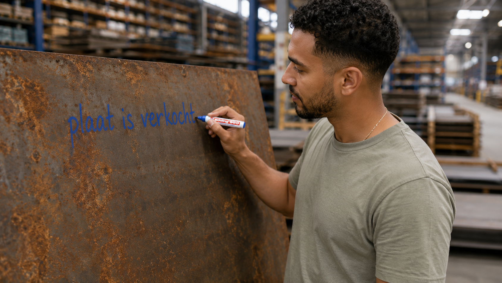 Man schrijft met edding 950 blauw op roestige plaat