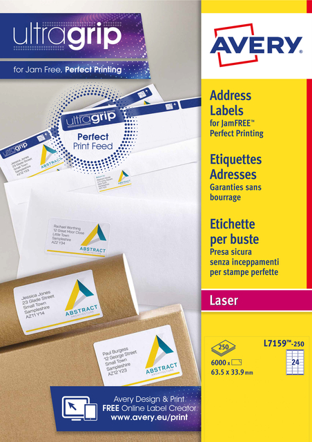 Etiket Avery L7159-250 63.5x33.9mm wit 6000 etiketten