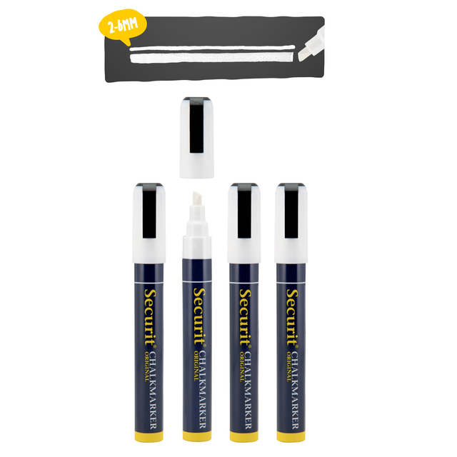 whiteboard marker, krijtmarker, dry-erase, set van vier, zwarte doppen