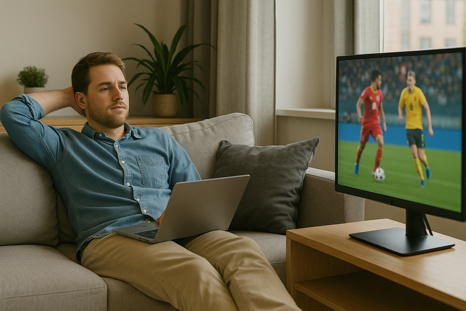 Man kijkt tv tijdens thuis werken