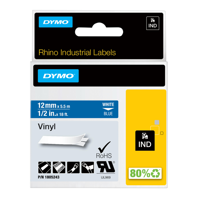 Labeltape Dymo Rhino industrieel vinyl 12mm wit op blauw