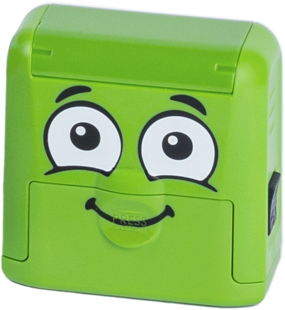 kruimenslijper, neon groen, cartoon gezicht, plastic badge, kinderartikel