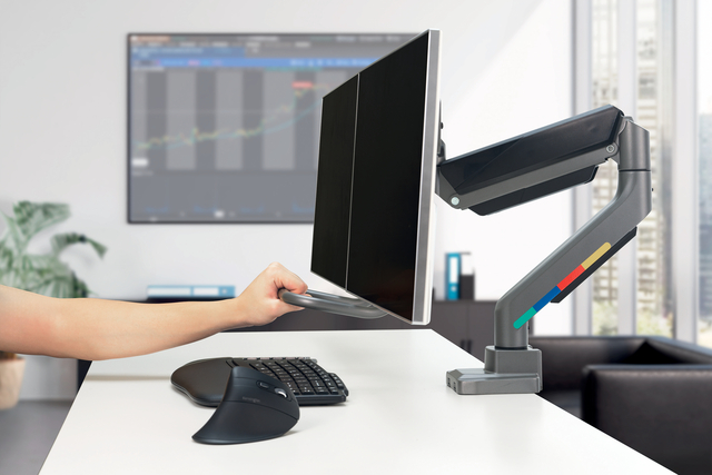 monitorarm, verstelbare monitorsteun, bureauklem, zwart metaal, ergonomisch ontwerp