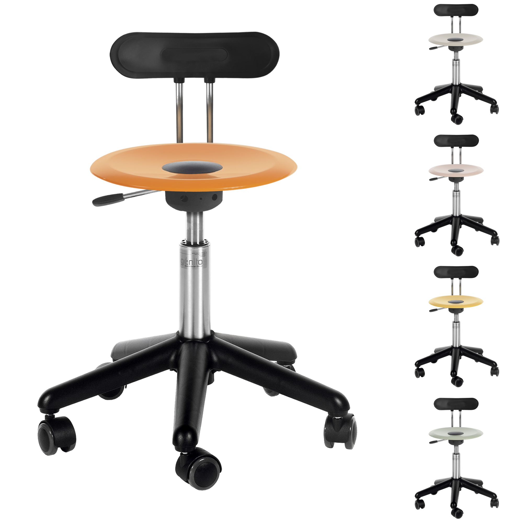 Genito UFO lerarenstoel, draaistoel met gasveer, verrijdbaar, zitplaat polycarbonaat (PC)