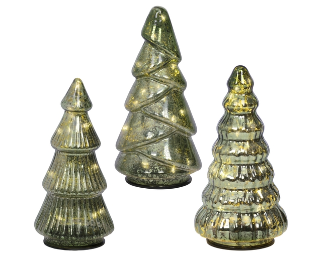 glazen kerstbomen, kerstdecoratie, groen-goud, reliëfglas, set van drie