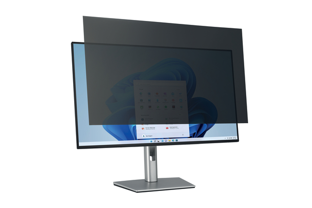 computermonitor, privacyfilter, breedbeeldscherm, zilvergrijze standaard, zwart schermfilter