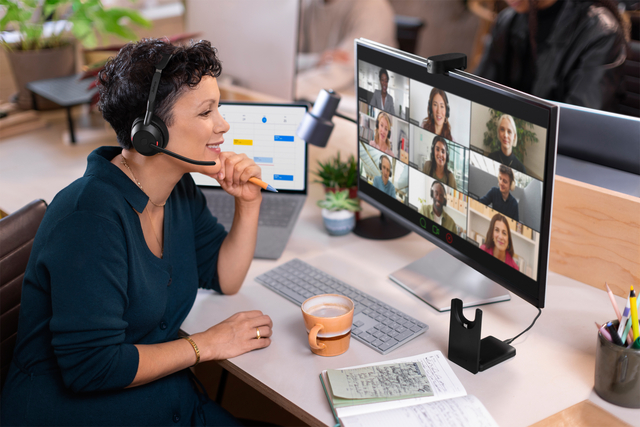headset, video conferencing, remote work, office setup, computer monitor