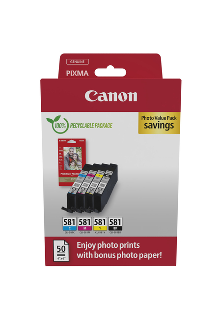 Inktcartridge Canon CLI-581 4 kleuren + papier